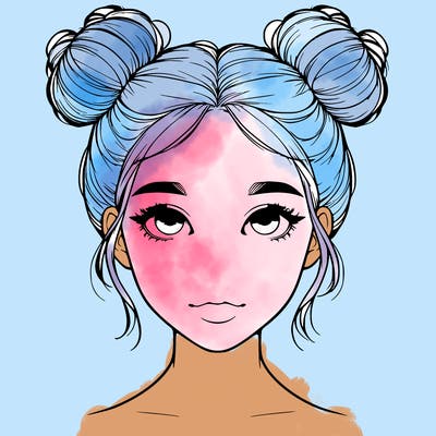 realistic girl with two buns on top of her head
