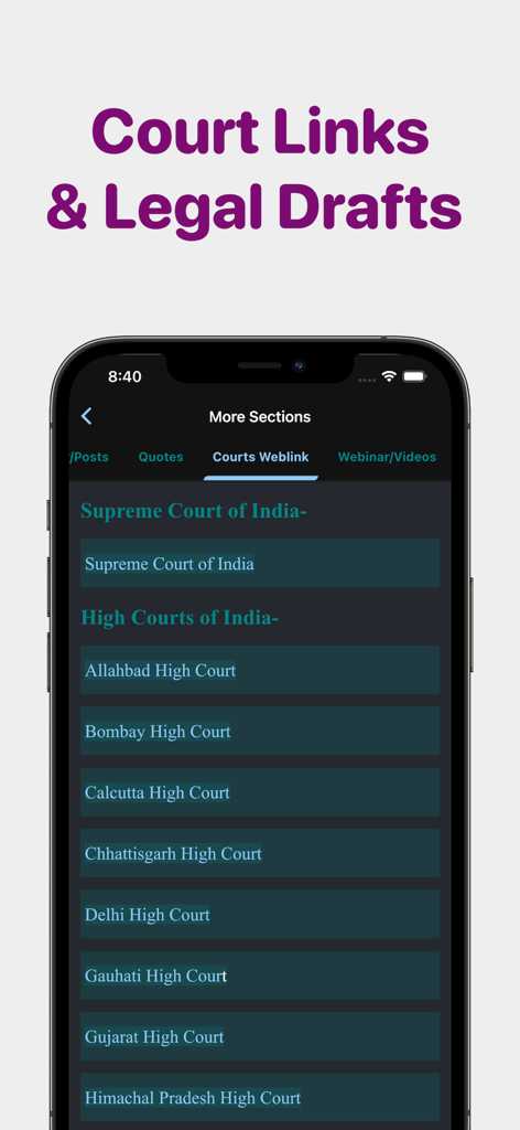 Law Trend app interface showing a list of court web links including Supreme Court and various High Courts of India