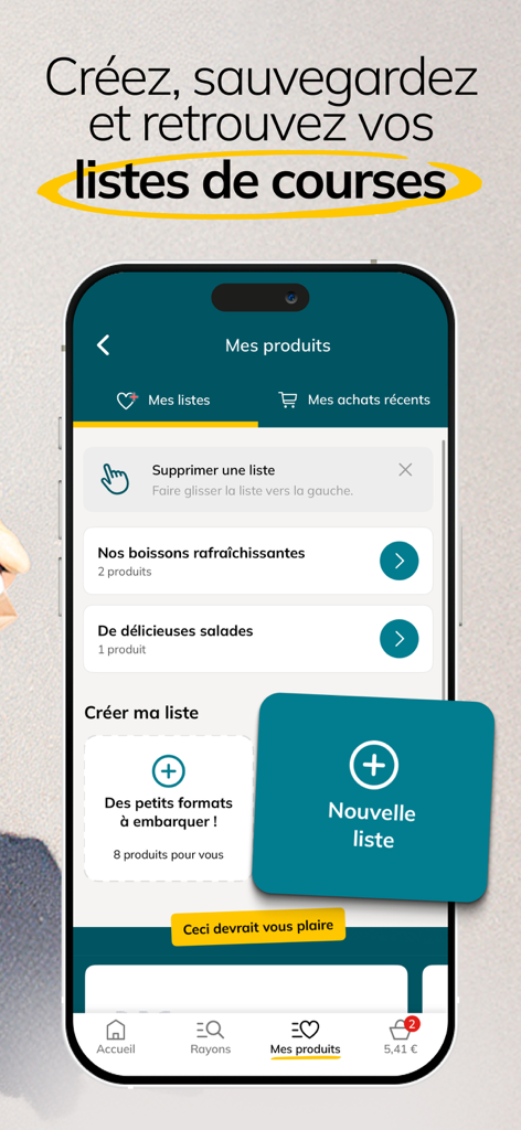 Courses U : Magasin en ligne - A smartphone interface of the Courses U app showing the shopping list management section where users can create and save personalized grocery lists.