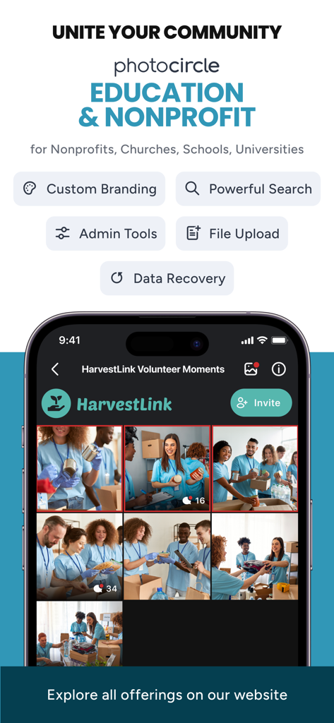 PhotoCircle app interface for education and nonprofit organizations showing community photo sharing features