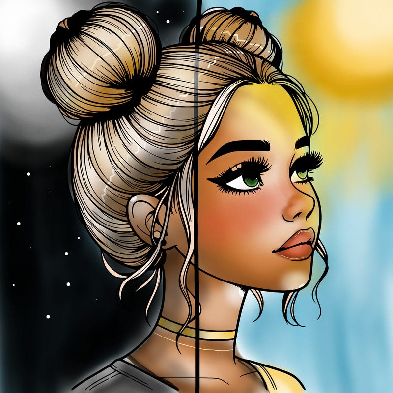 realistic girl with buns on the top of her head