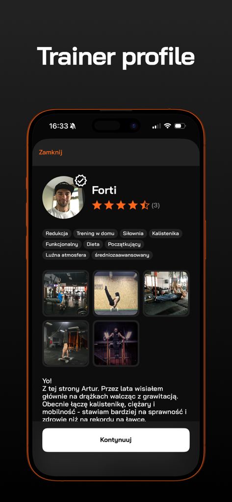 FitMate.co - Personal trainer profile on the FitMate app showing ratings and fitness specialties