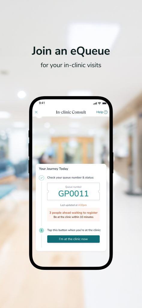 Raffles Connect - Smartphone screen showing the Raffles Connect eQueue feature for a medical clinic visit