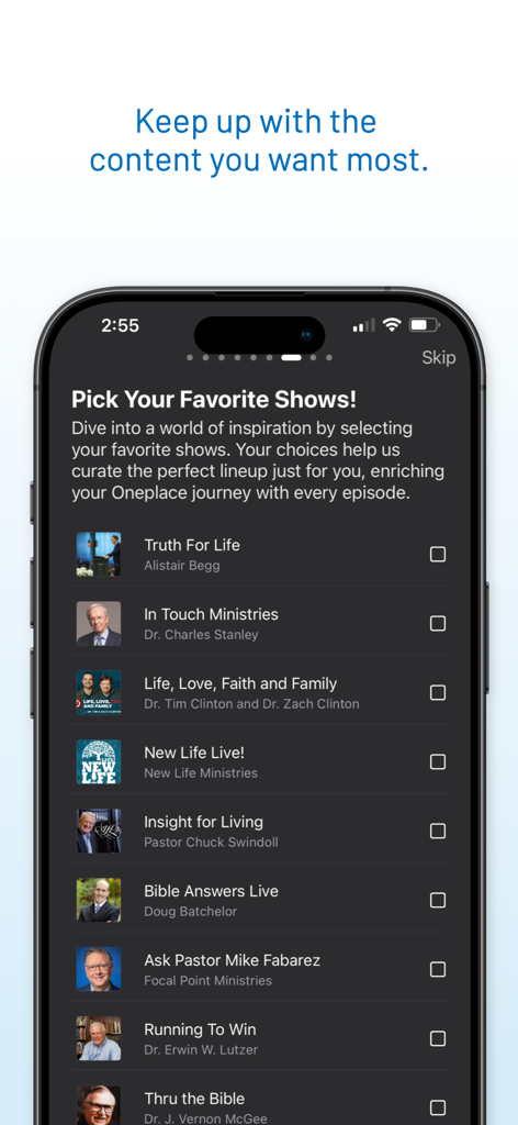 Selecting favorite Christian radio shows on the OnePlace podcast app