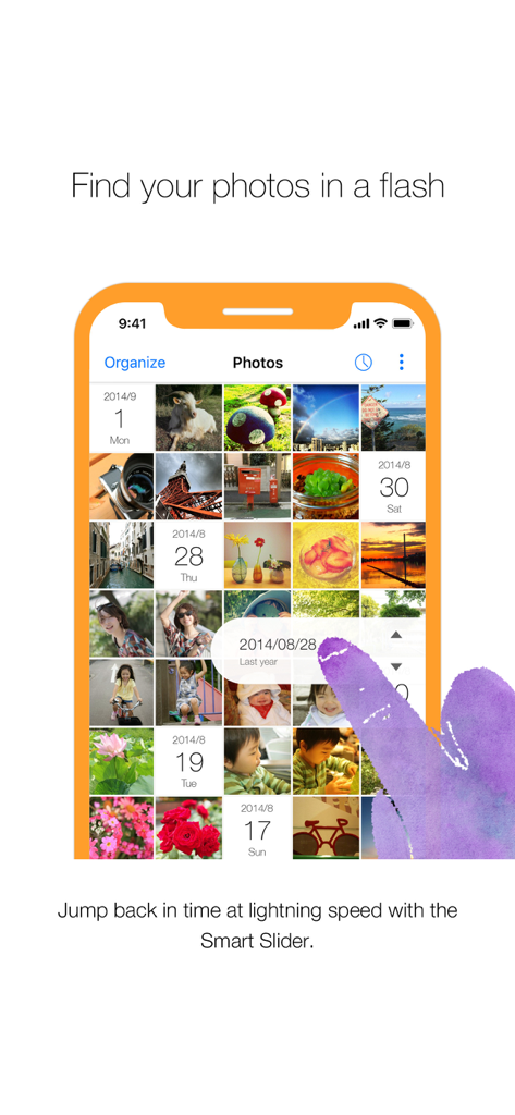 Scene: Organize & Share Photos - Scene 앱 인터페이스가 날짜별로 사진을 빠르게 찾기 위한 스마트 슬라이더 기능을 보여줍니다