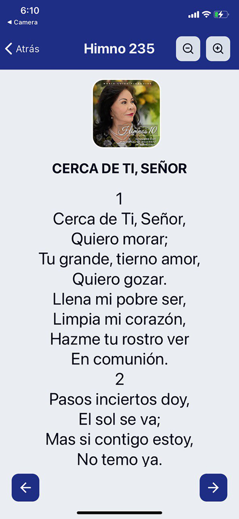 Display of Spanish hymn lyrics in the Himnario IDMJI mobile app with font size controls
