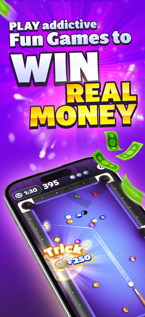 Blitz - Win Cash - Interface do aplicativo Blitz mostrando uma partida de sinuca com a chance de ganhar dinheiro real