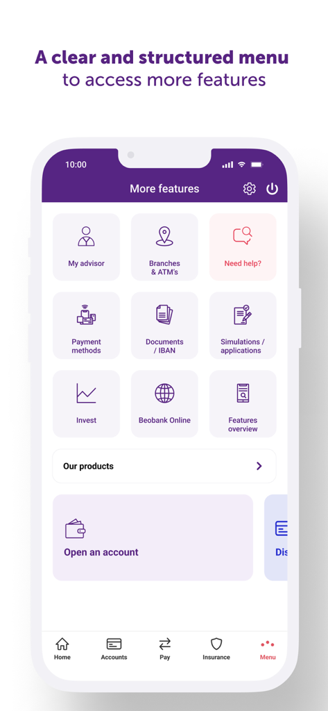 Beobank Mobile app screen displaying a structured menu of banking and financial features