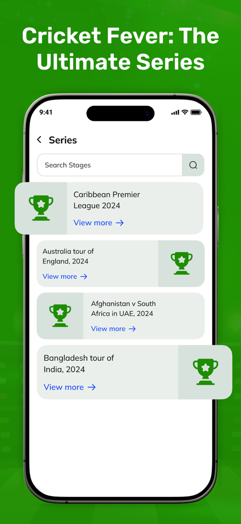 Live Cricket TV HD : IPL 2025 - Smartphone screen showing a list of cricket tournaments and series updates in the Live Cricket TV app