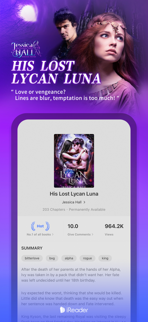 iReader app showing book details for His Lost Lycan Luna by Jessica Hall