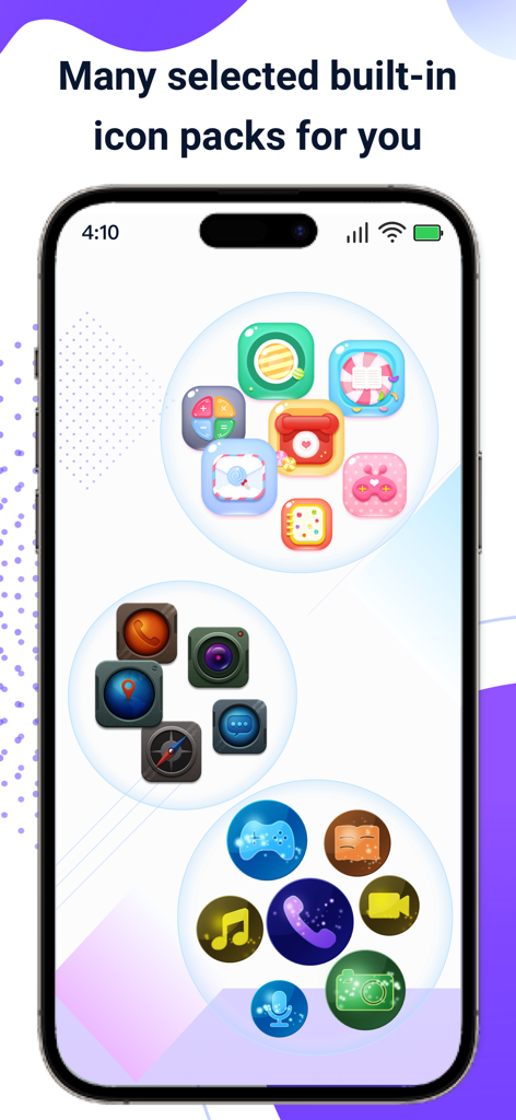 X Icon Changer: Customize Icon - 귀엽고 네온 테마를 포함한 다양한 스타일의 내장 아이콘 팩을 표시하는 스마트폰 화면