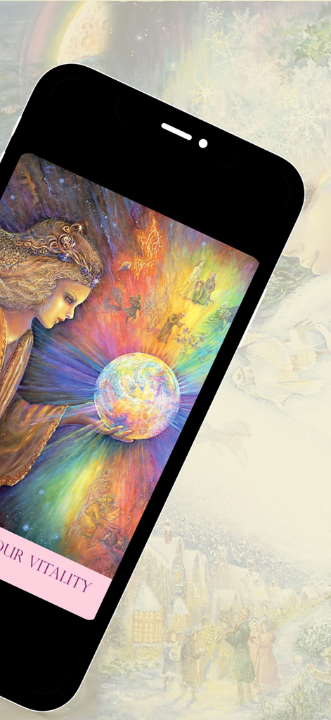 Nature's Whispers Oracle - Tela do smartphone mostrando uma carta de oráculo colorida com arte de Josephine Wall apresentando uma mulher segurando um orbe brilhante.