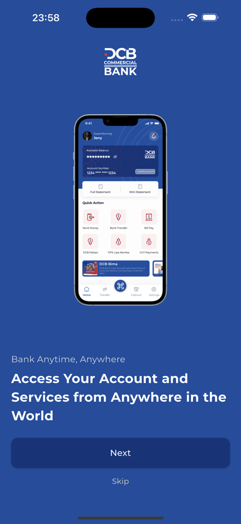 DCB Pesa Plus - Pantalla de incorporación de la aplicación de banca móvil DCB Pesa Plus que muestra el panel de la cuenta en un iPhone.