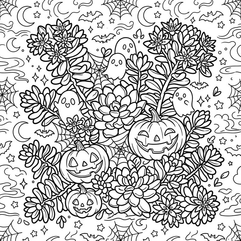 Dive into a unique blend of nature and spooky fun with this Sedum Succulent Halloween coloring page. Adorned with grinning pumpkins and friendly ghosts, it offers a creative challenge for coloring enthusiasts.