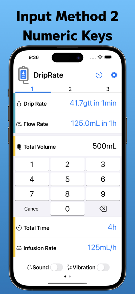DripRate+ - Pantalla de cálculo de tasa de goteo IV en la aplicación DripRate Plus utilizando la entrada del teclado numérico