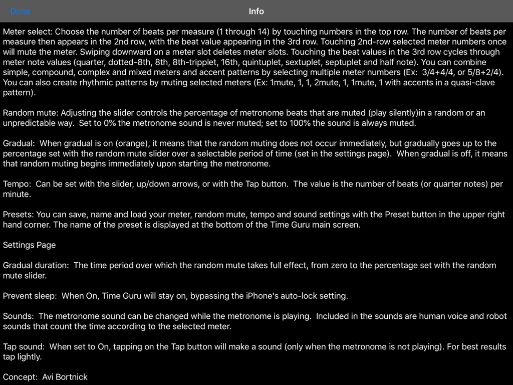 Schermata di aiuto dell'app Time Guru Metronome che dettaglia funzioni come il muting casuale e la selezione del tempo