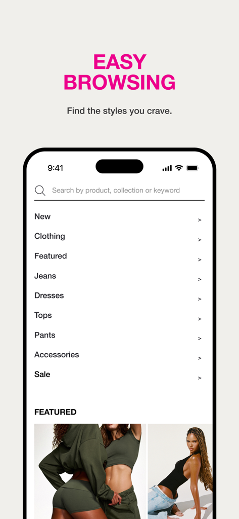 Garage: Online Fashion - Mobile interface of the Garage fashion app showing a search bar categories like jeans and dresses and featured streetwear styles.