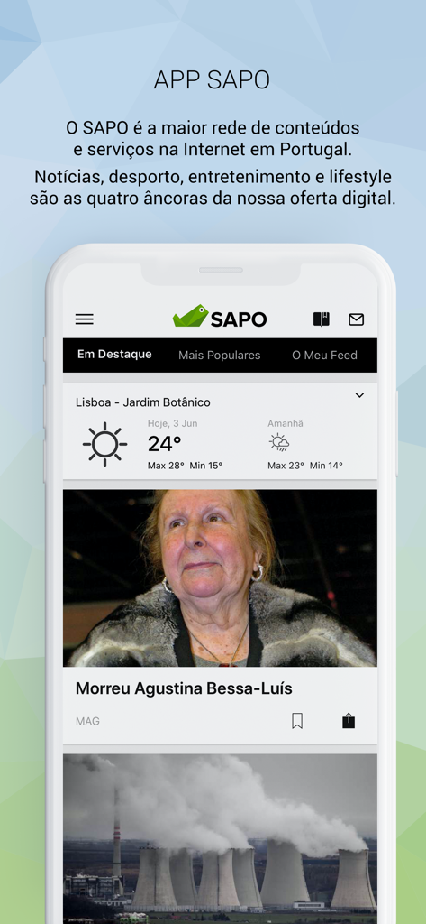SAPO mobile app interface showing news headlines and Lisbon weather