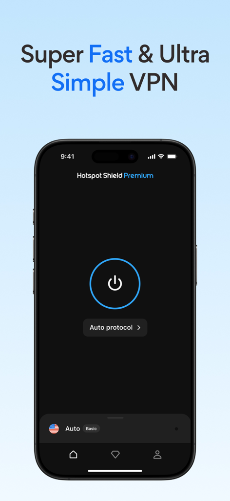Tela inicial do aplicativo Hotspot Shield VPN mostrando a interface simples de conexão com um toque em um smartphone