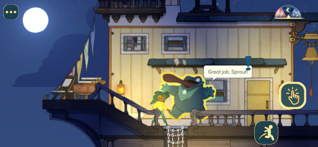 Spiritfarer: Netflix Edition - Stella the Spiritfarer interacting with a large spirit character on a boat at night