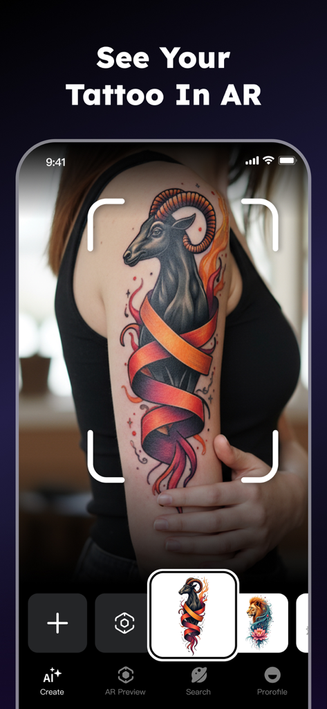 Uma pessoa visualizando um design digital de tatuagem de bode no braço usando o recurso de pré-visualização AR no aplicativo Tattoo AI.