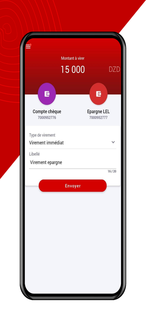 Interface de l'application mobile CNEP Connect montrant un transfert de fonds entre un compte chèque et un compte épargne.