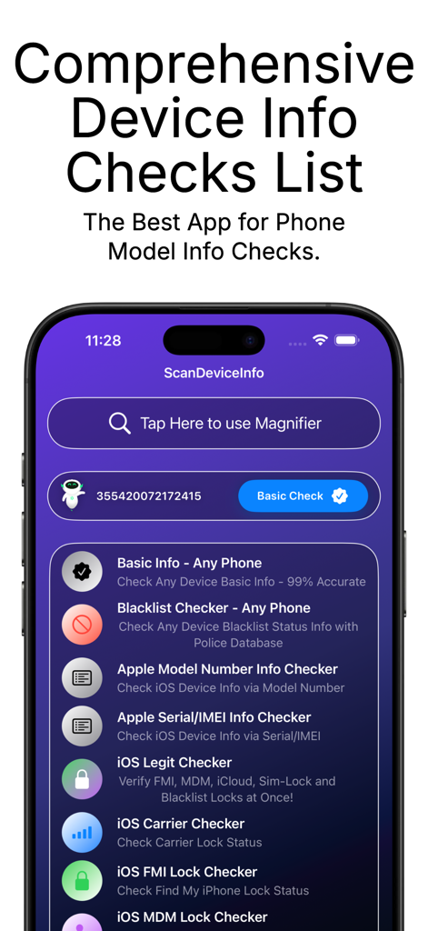 Pantalla de la aplicación ScanDeviceInfo que muestra un menú de funciones que incluyen el comprobador IMEI, el comprobador de lista negra y el estado del bloqueo del operador.