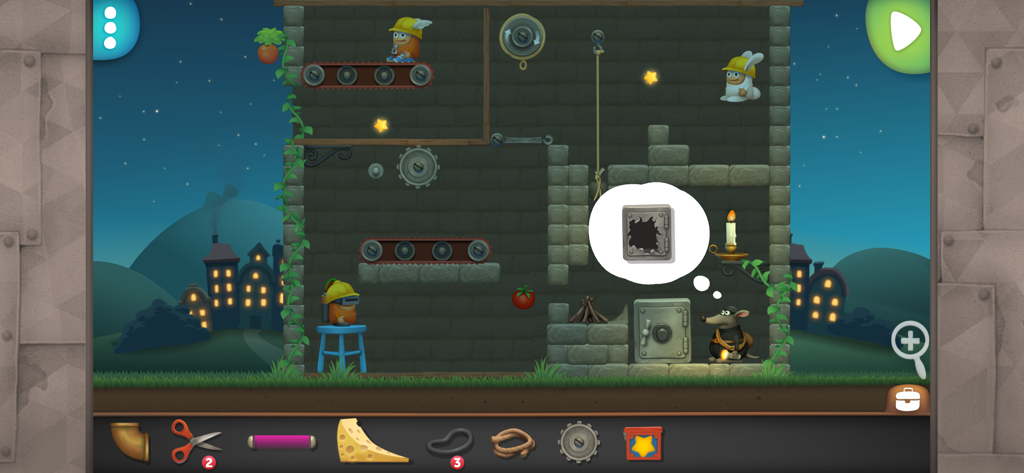 Inventioneers - A gameplay screen from Inventioneers showing a building challenge with tools and characters