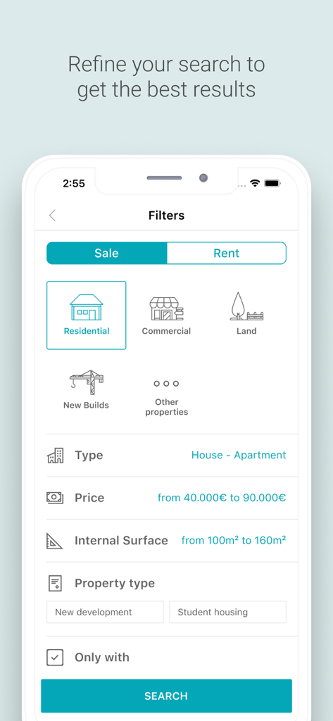 Spitogatos - Property Search - Search filter screen in the Spitogatos real estate app showing options for price range and property type.