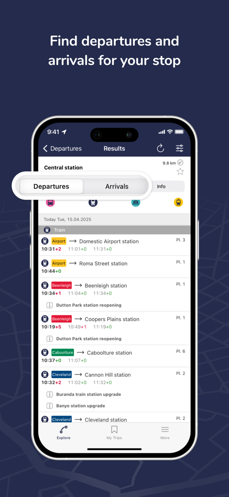 Translink app interface displaying train departure times and platform numbers for Central Station.