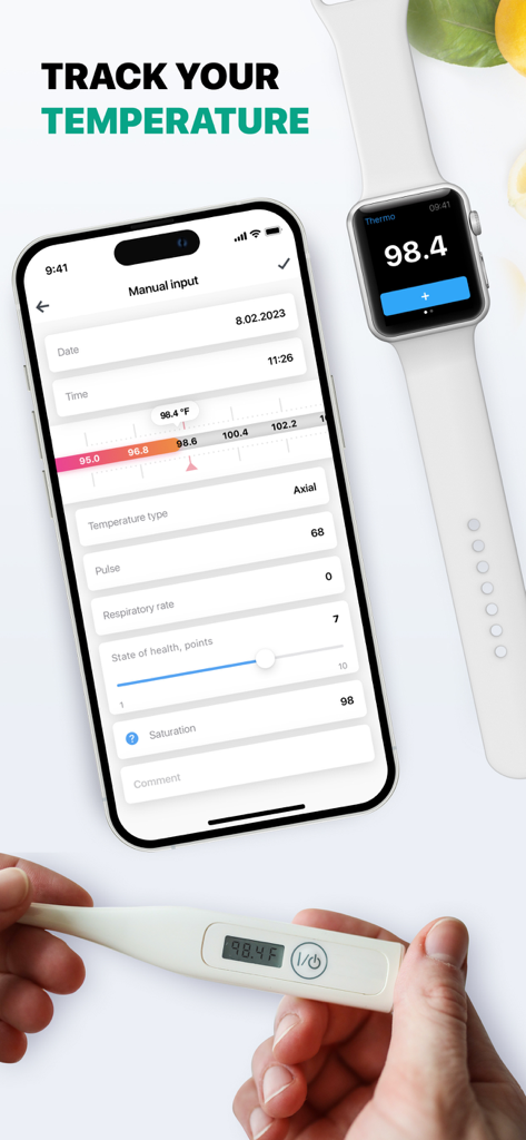 Thermo: Temperature Check In - iPhone and Apple Watch displaying the manual temperature input screen of the Thermo app