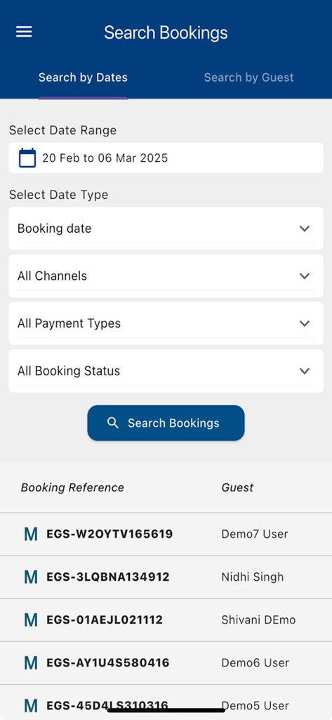eGlobe PMS - The search bookings interface of eGlobe PMS app featuring date filters and guest booking records