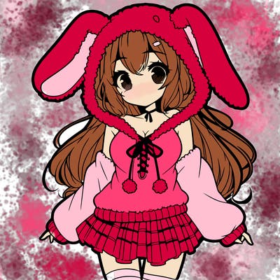 pretty anime girl wearing a fluffy hoodie with bunny ears on the hood and a skirt