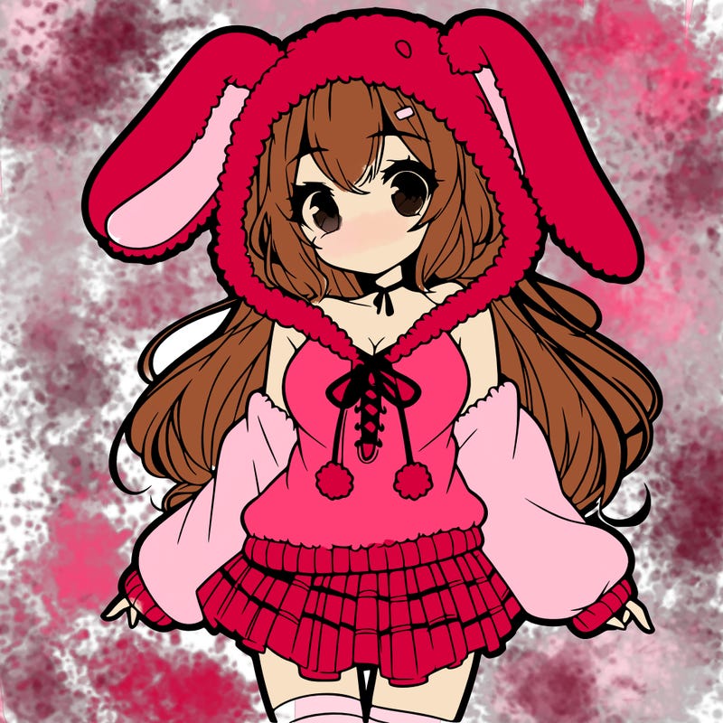 pretty anime girl wearing a fluffy hoodie with bunny ears on the hood and a skirt