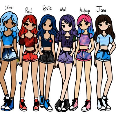 a group of girls wearing crop tops and shorts