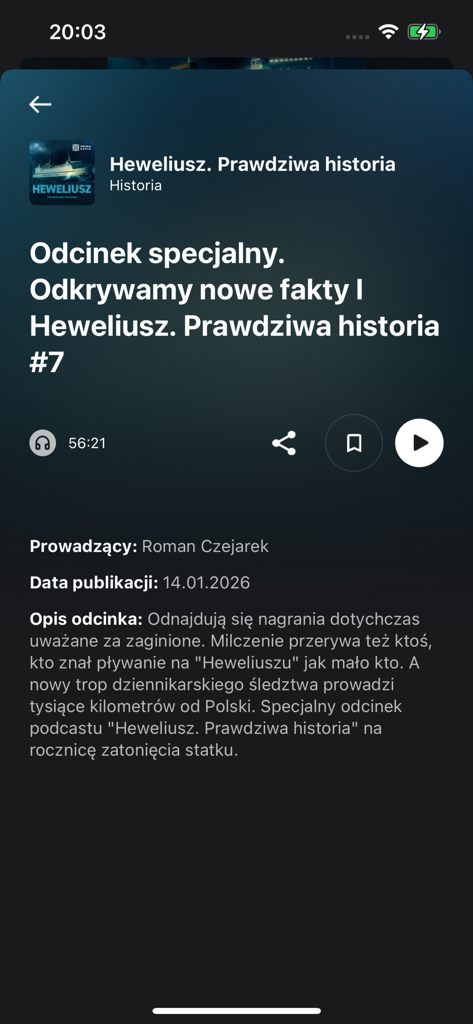 Página de detalles para un episodio de podcast de historia titulado Heweliusz Prawdziwa historia en la aplicación Polskie Radio