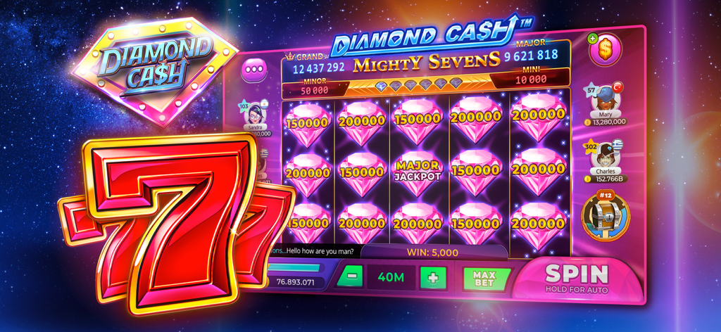 Diamond Cash Slots 777 Casino - Diamond Cash Slots Mighty Sevens Spielbildschirm mit rosa Diamanten und Jackpot-Boni
