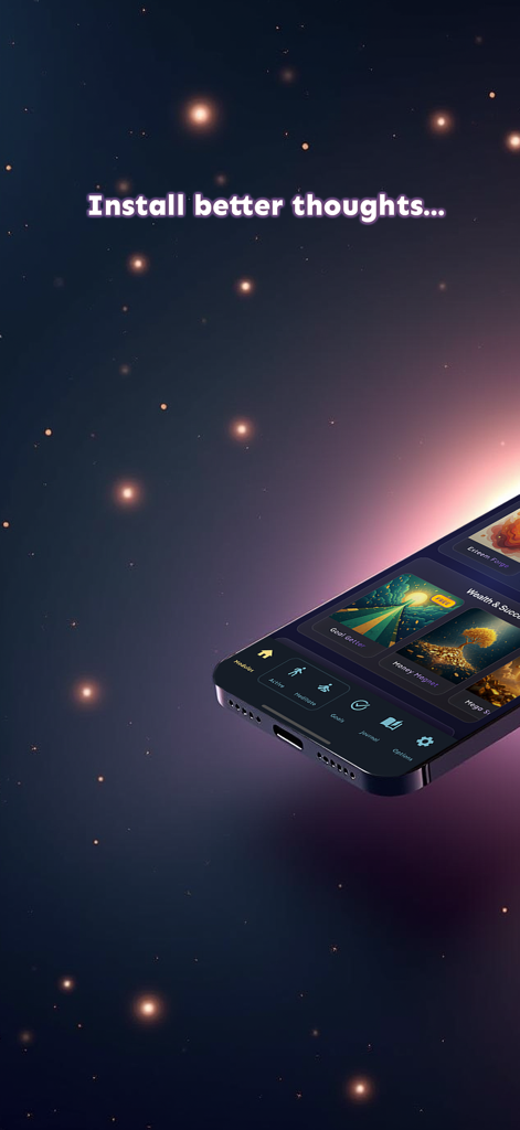 Inner.codes: Program Your Mind - Interfaz de la aplicación Inner.codes en un iPhone que muestra módulos de mentalidad sobre un fondo estrellado con el texto Instala mejores pensamientos