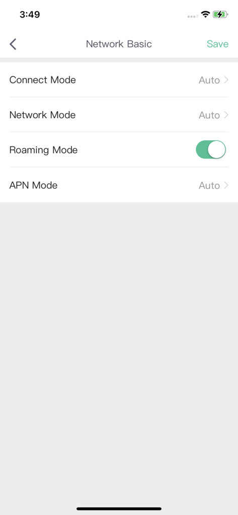 Wefast - Wefastアプリ画面。接続モード、ネットワークモード、ローミングモード、APNモードを含むネットワーク基本設定が表示されています。