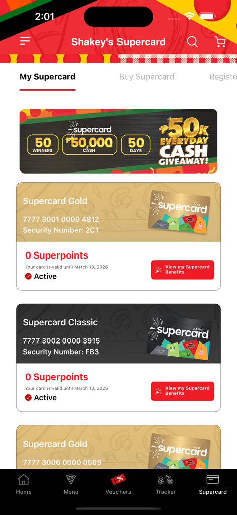 Shakey's Super App digital loyalty cards and rewards management screen