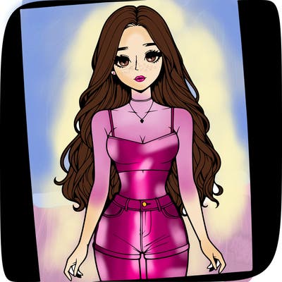 a realistic girl with long hair and in a crop top and shprts