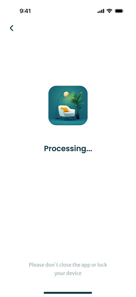 Processing screen of the AI Home Design Room Planner app showing a loading message and a room decor icon.