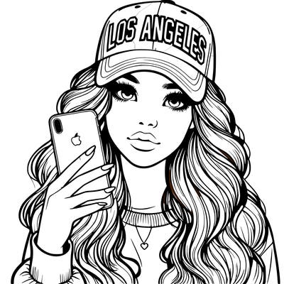 realistic beautiful girl wearing los ángeles cap holding an iphone