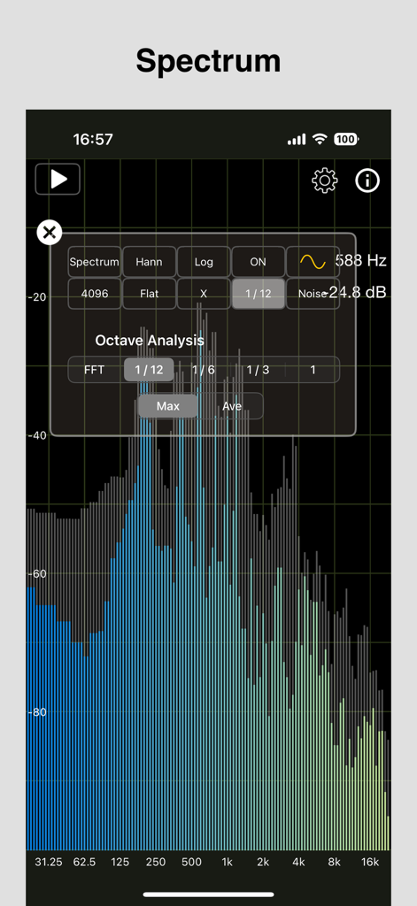 A real-time frequency spectrum graph with a professional octave analysis settings menu overlay.