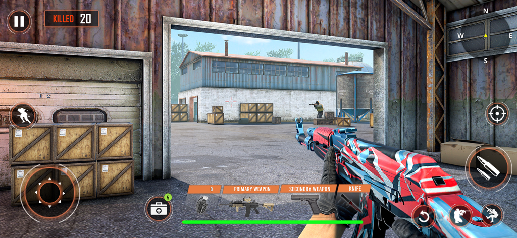 FPS Gun Shooting Game 2024 - Jugabilidad de disparos en primera persona con un rifle personalizado de colores en un entorno de almacén industrial.