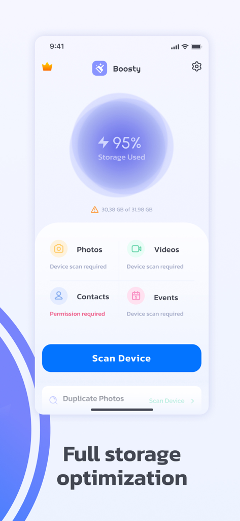 Interface of Boosty Smart Storage Cleaner app showing 95 percent storage usage and a scan device button.