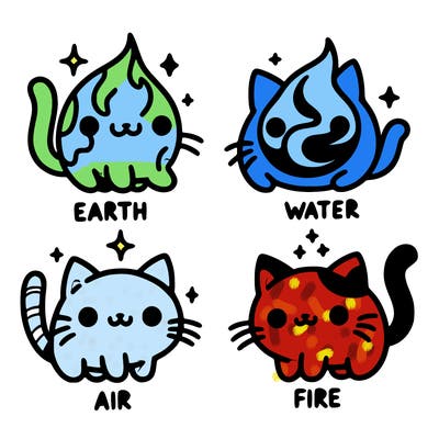 4 cats that represent the different elements, earth, water, air, and fire