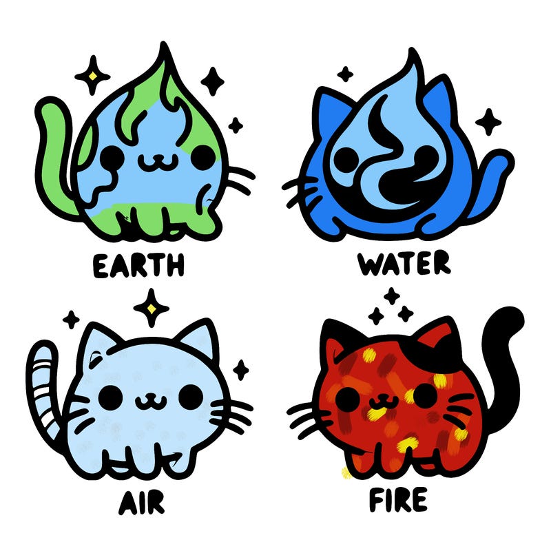 4 cats that represent the different elements, earth, water, air, and fire