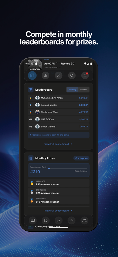 ArchAdemia app interface displaying a monthly leaderboard with user rankings and rewards for architectural education progress.