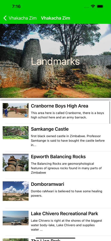 Vhakacha Visit Zimbabwe - A list of tourist landmarks in Zimbabwe including Samkange Castle and Epworth Balancing Rocks within the Vhakacha app interface.